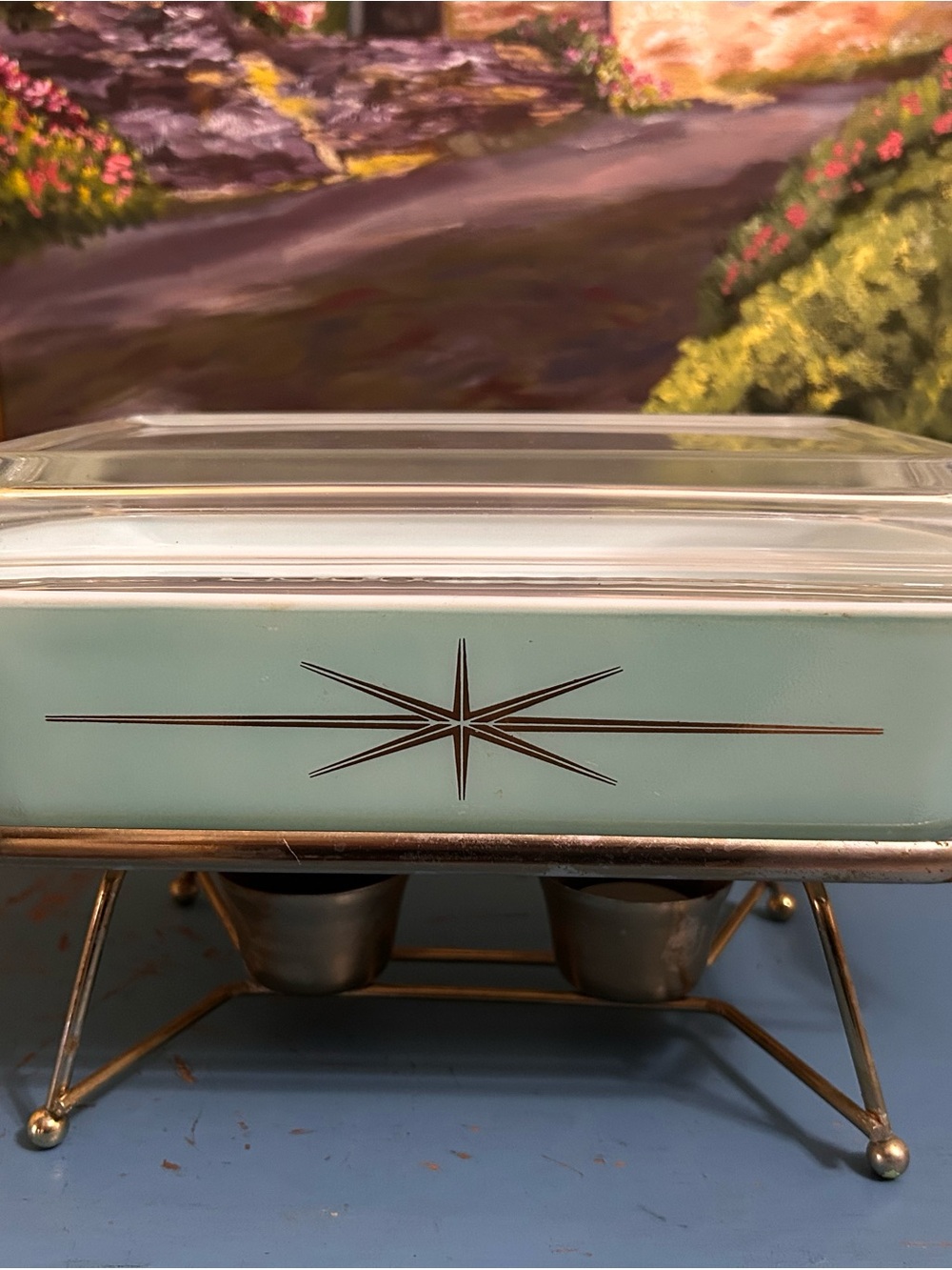 Rare Pyrex Atomic Starburst 2 QT Dish with Glass Lid and Stand Warmer - Picture 2 of 16